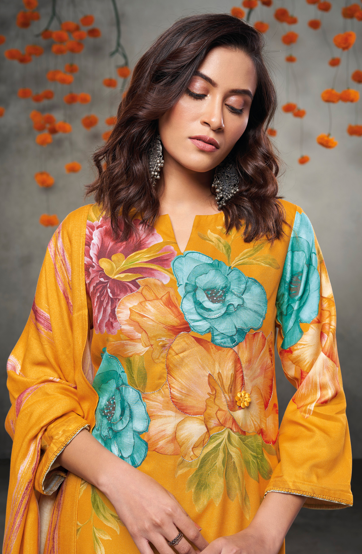 Mustard Yellow Beautiful Pashmina Printed Salwar Kameez with Dupatta - CRUS2035D