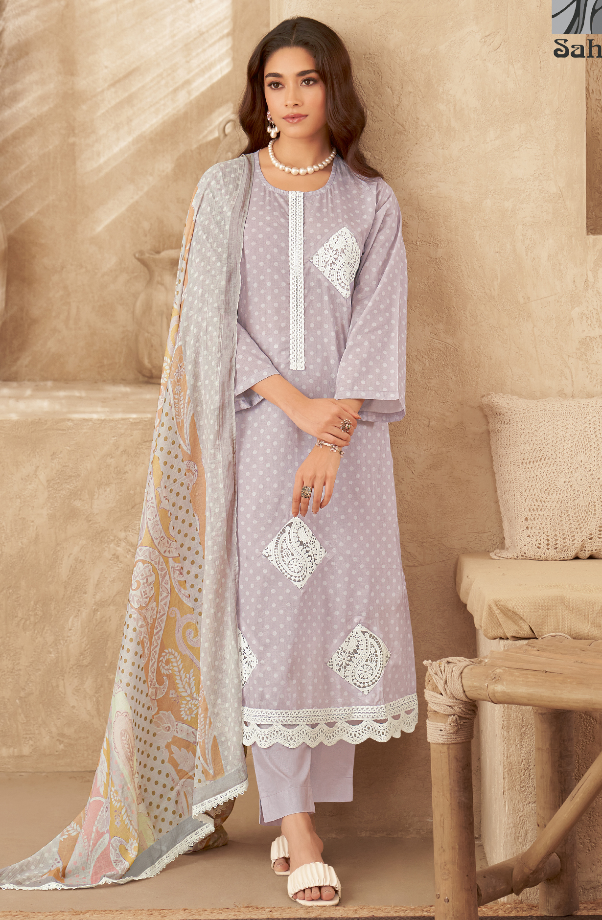 Lavender Cotton Beautiful Digital Printed Unstitched Suit with Embroidery Lace Work - CRY928