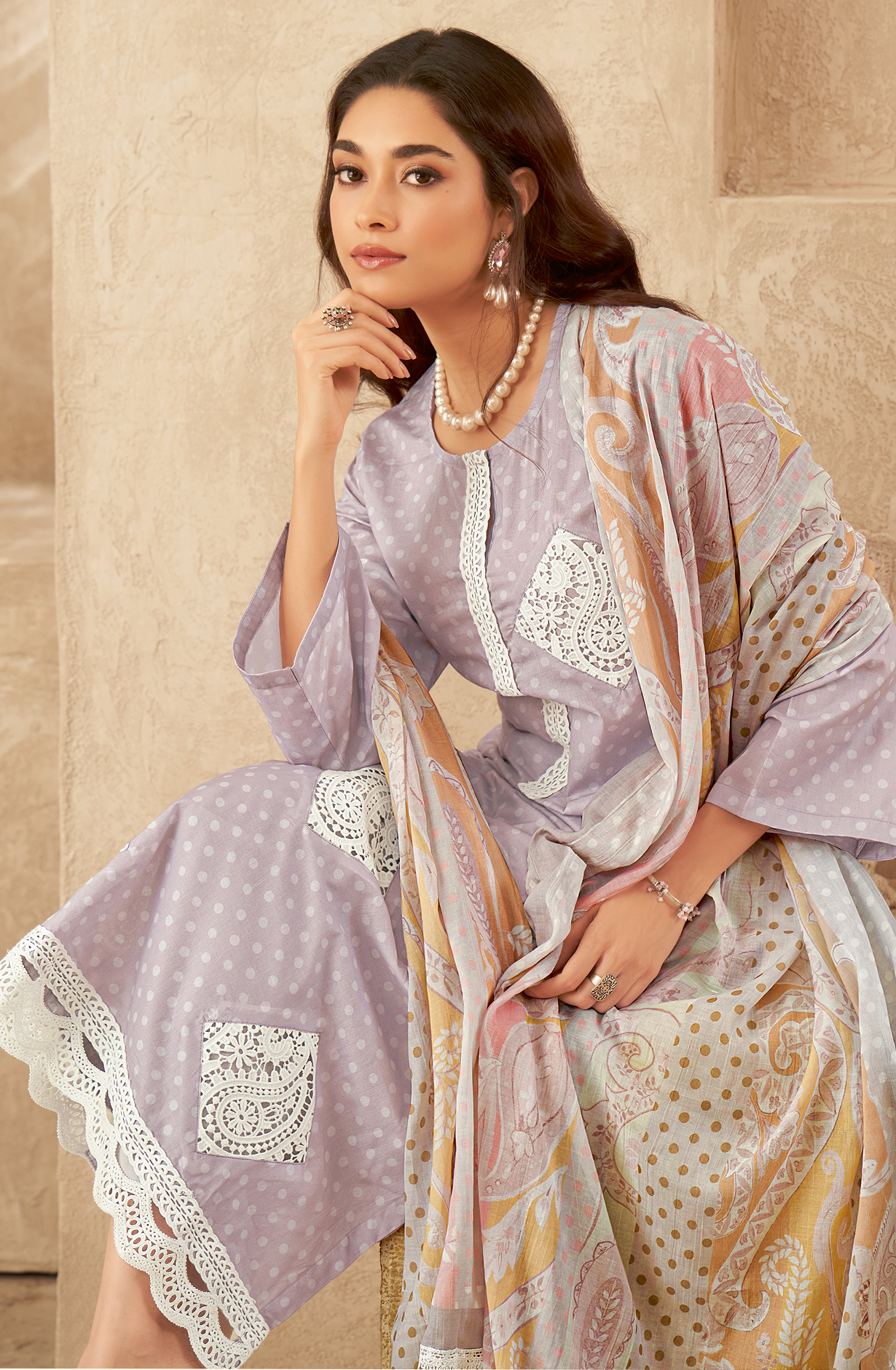 Lavender Cotton Beautiful Digital Printed Unstitched Suit with Embroidery Lace Work - CRY928