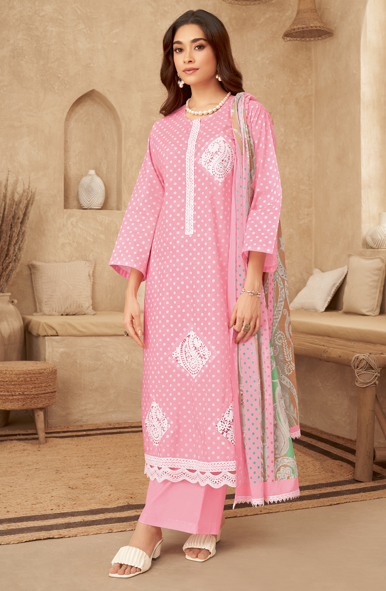 Baby Pink Cotton Beautiful Digital Printed Unstitched Suit with Embroidery Lace Work - CRY946