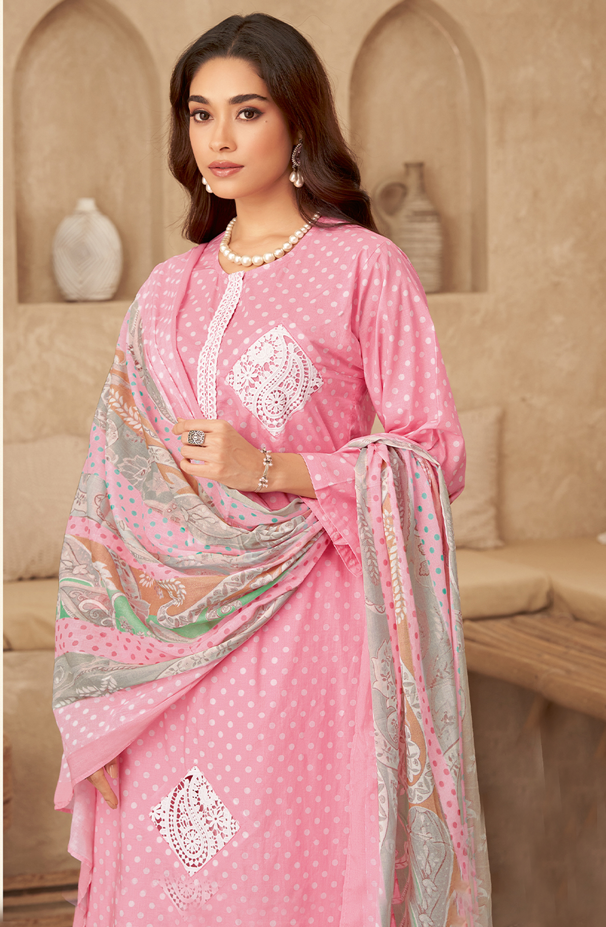 Baby Pink Cotton Beautiful Digital Printed Unstitched Suit with Embroidery Lace Work - CRY946