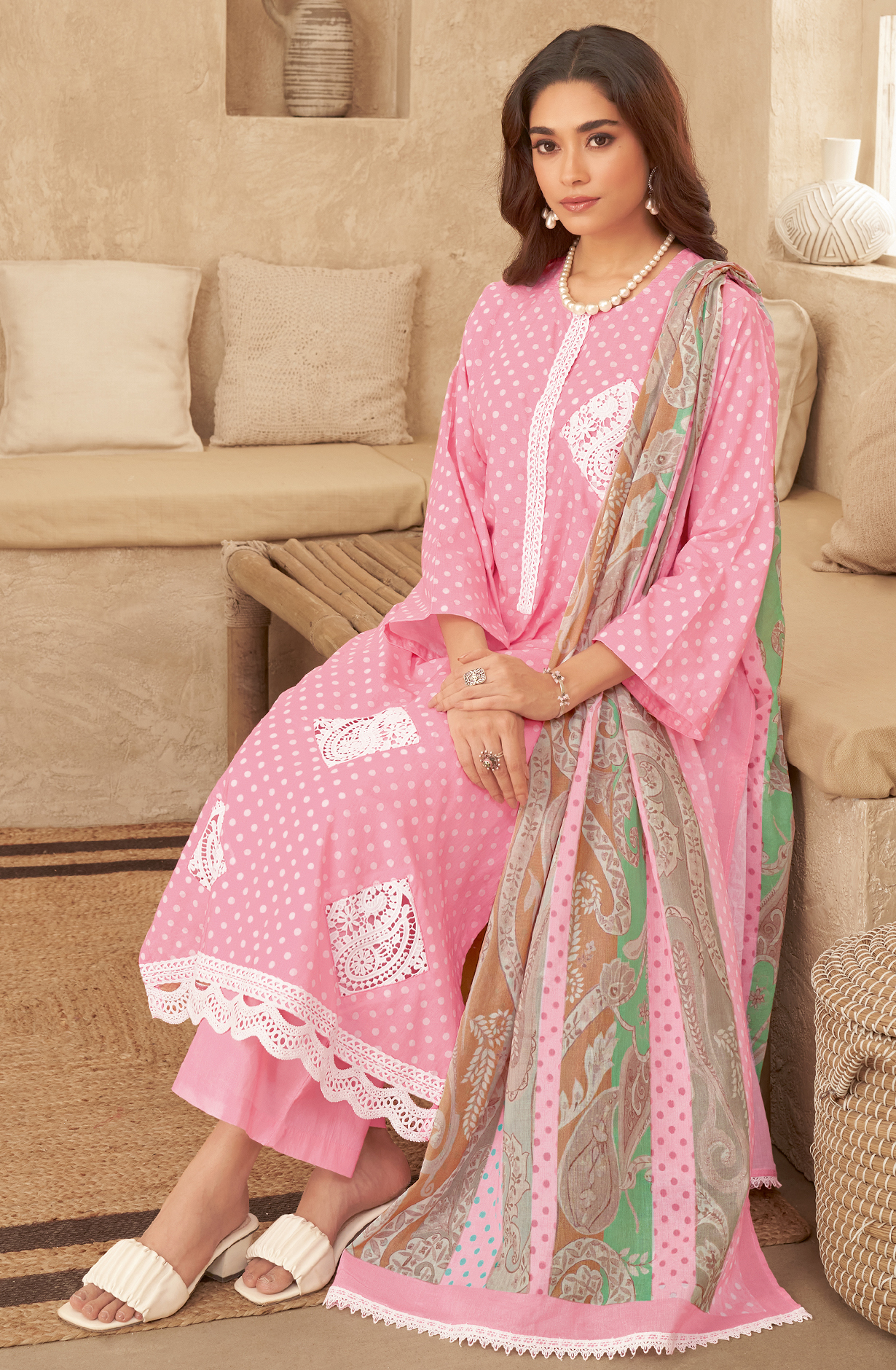 Baby Pink Cotton Beautiful Digital Printed Unstitched Suit with Embroidery Lace Work - CRY946