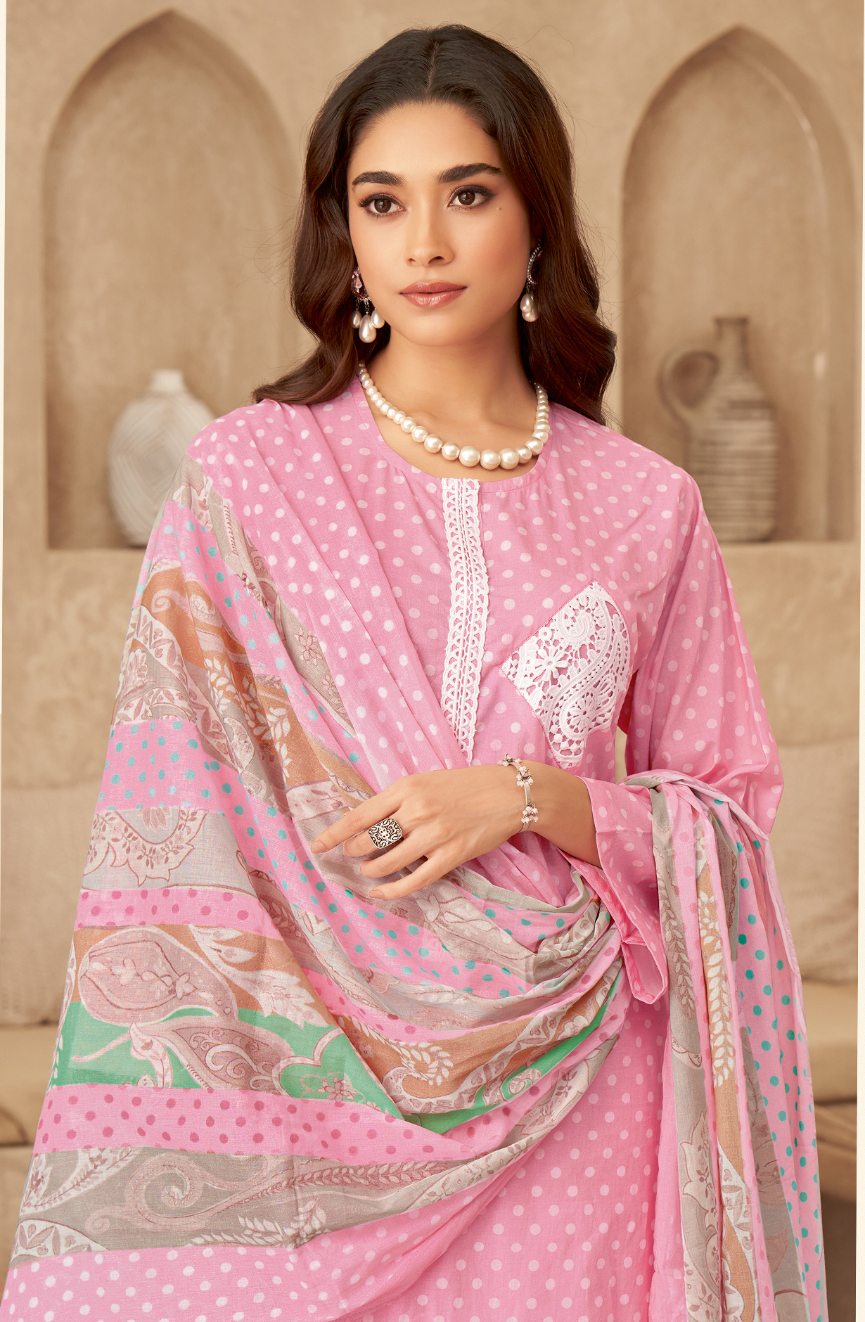 Baby Pink Cotton Beautiful Digital Printed Unstitched Suit with Embroidery Lace Work - CRY946