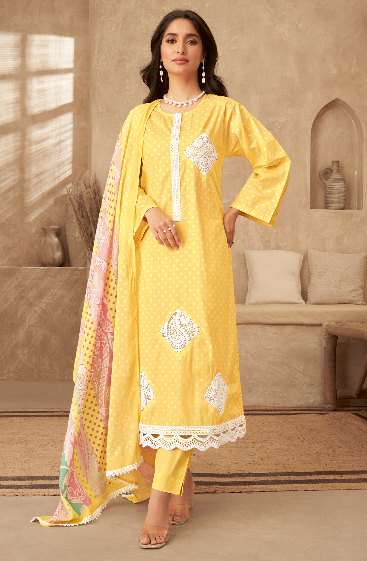 Yellow Cotton Beautiful Digital Printed Unstitched Suit with Embroidery Lace Work - CRY955