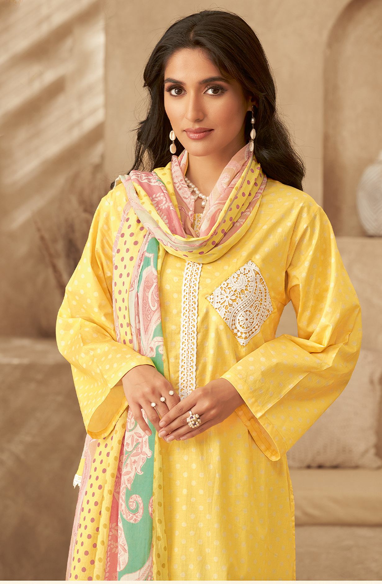 Yellow Cotton Beautiful Digital Printed Unstitched Suit with Embroidery Lace Work - CRY955