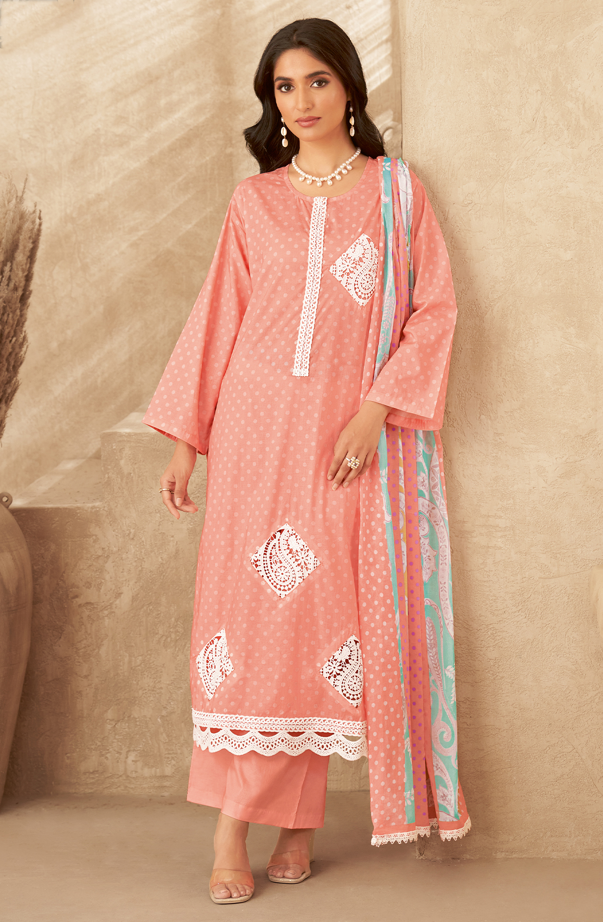 Peach Cotton Beautiful Digital Printed Unstitched Suit with Embroidery Lace Work - CRY999