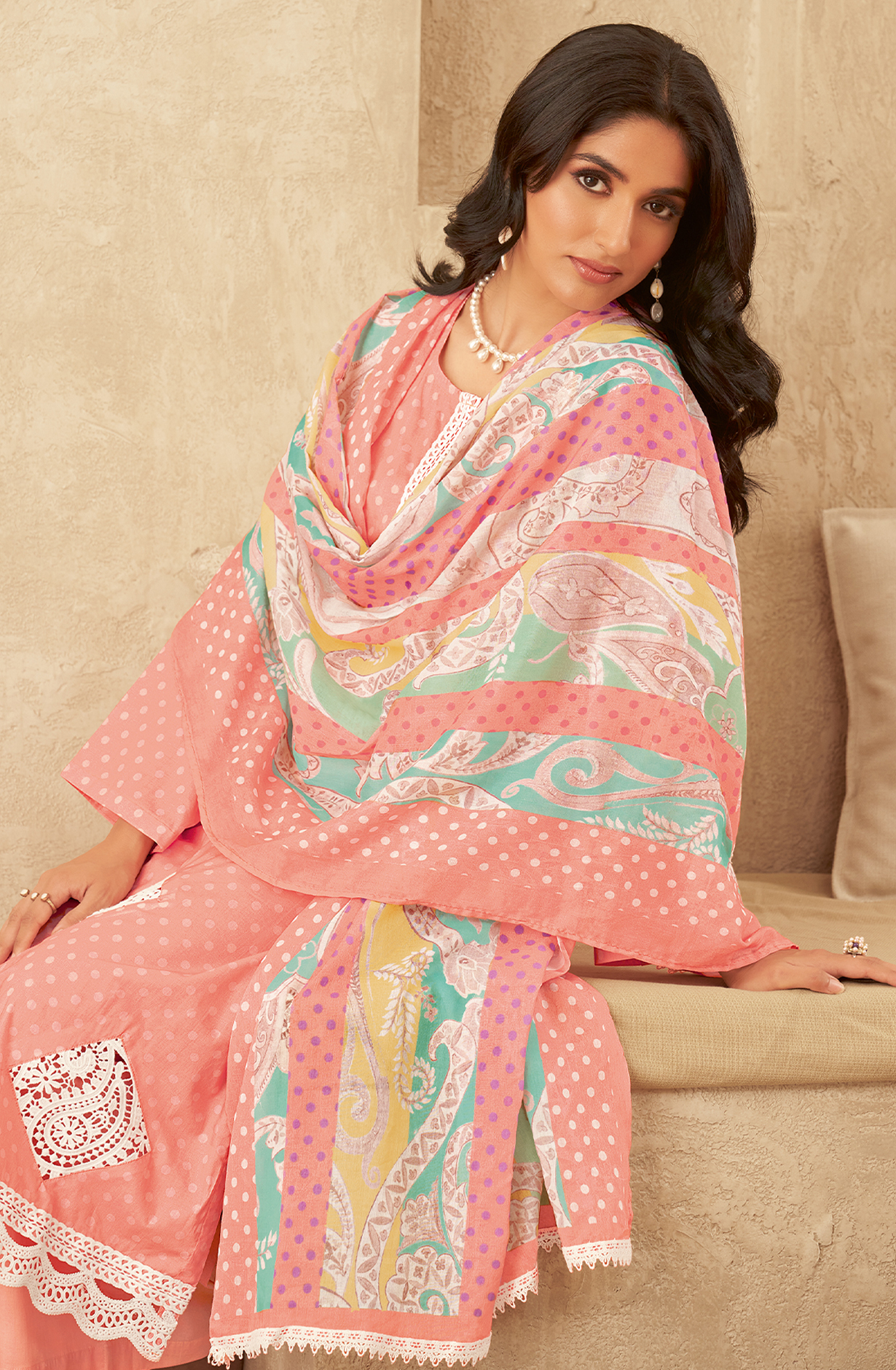Peach Cotton Beautiful Digital Printed Unstitched Suit with Embroidery Lace Work - CRY999