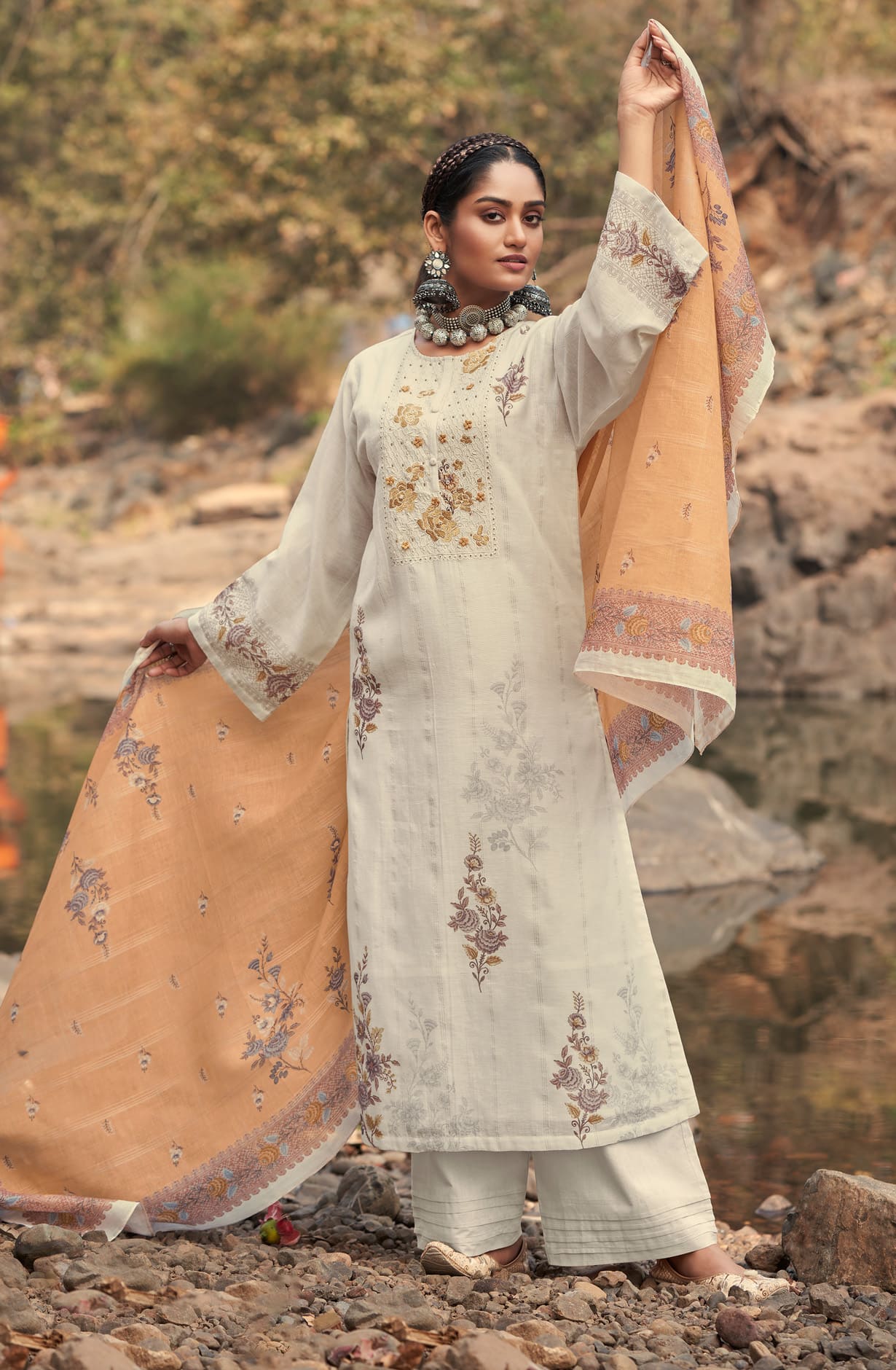 Cream Linen Unstitched Salwar Kameez - CUL858