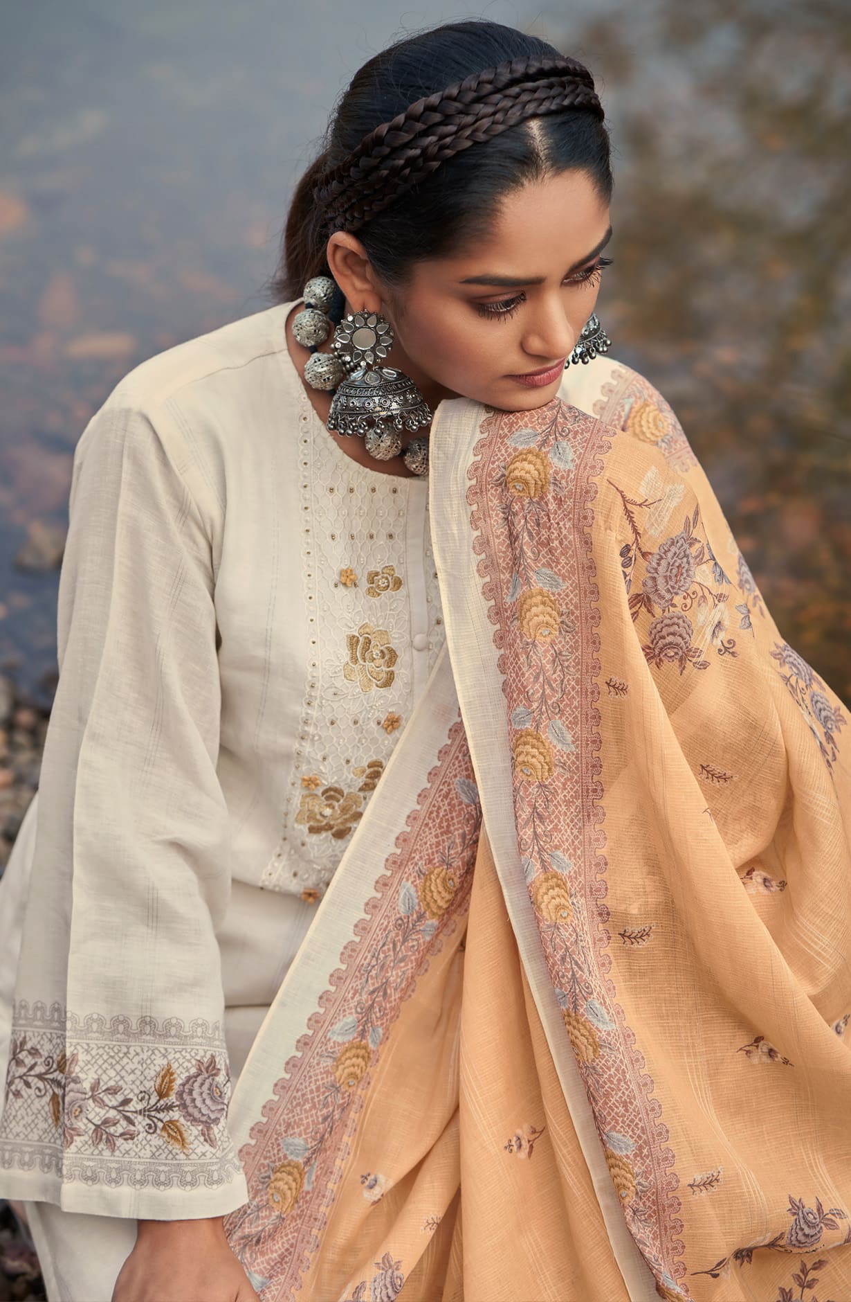 Cream Linen Unstitched Salwar Kameez - CUL858