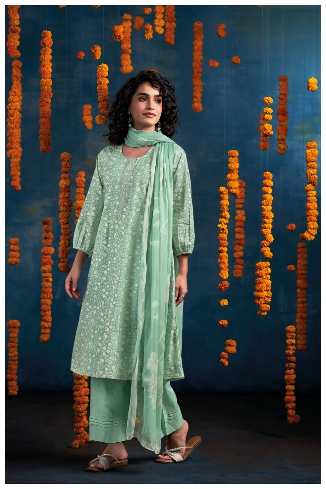 Green Printed Cotton Unstitched Suit Set with Dupatta - CZAS4771B