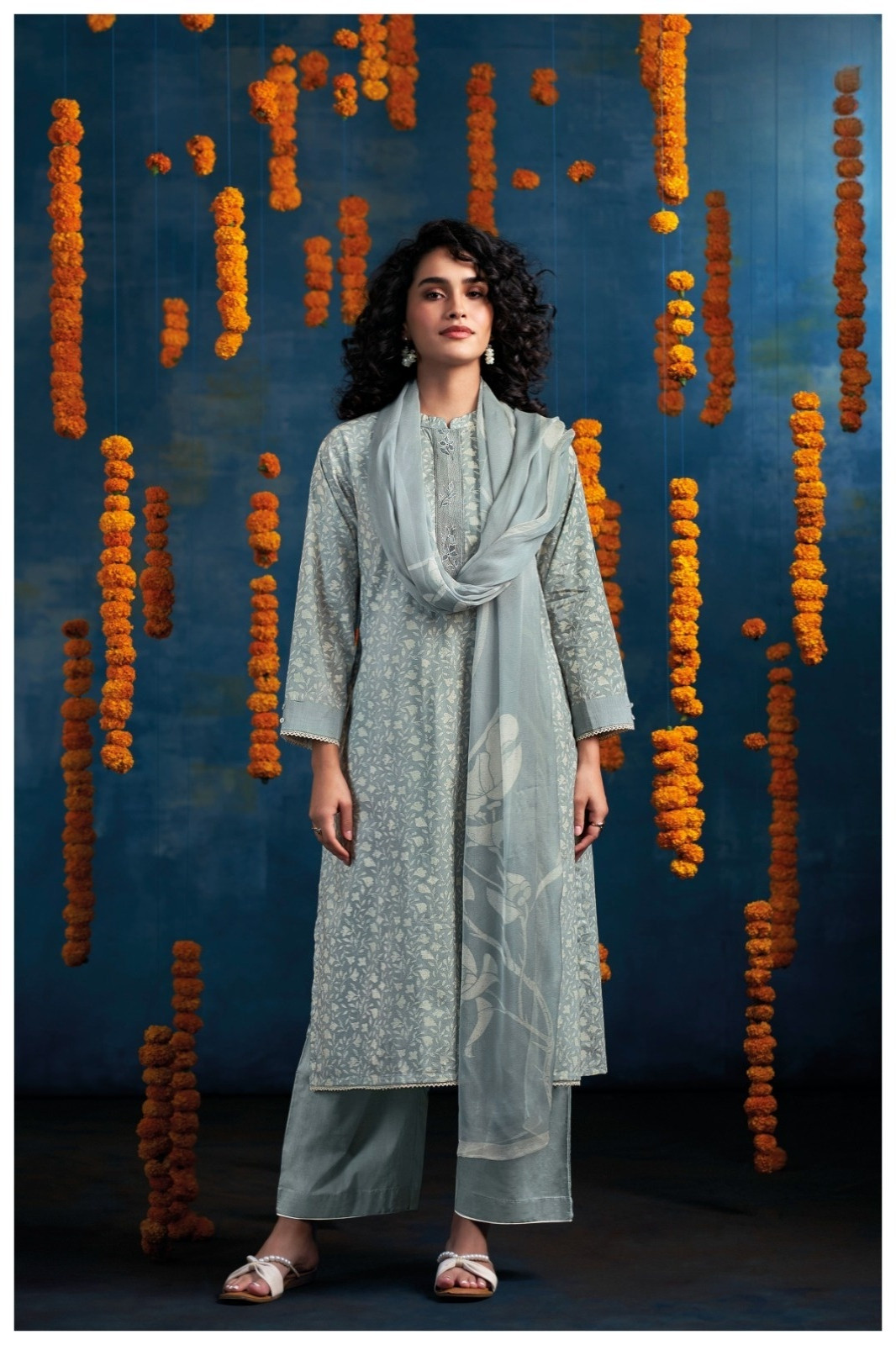 Grey Printed Cotton Unstitched Suit Set with Dupatta - CZAS4771C
