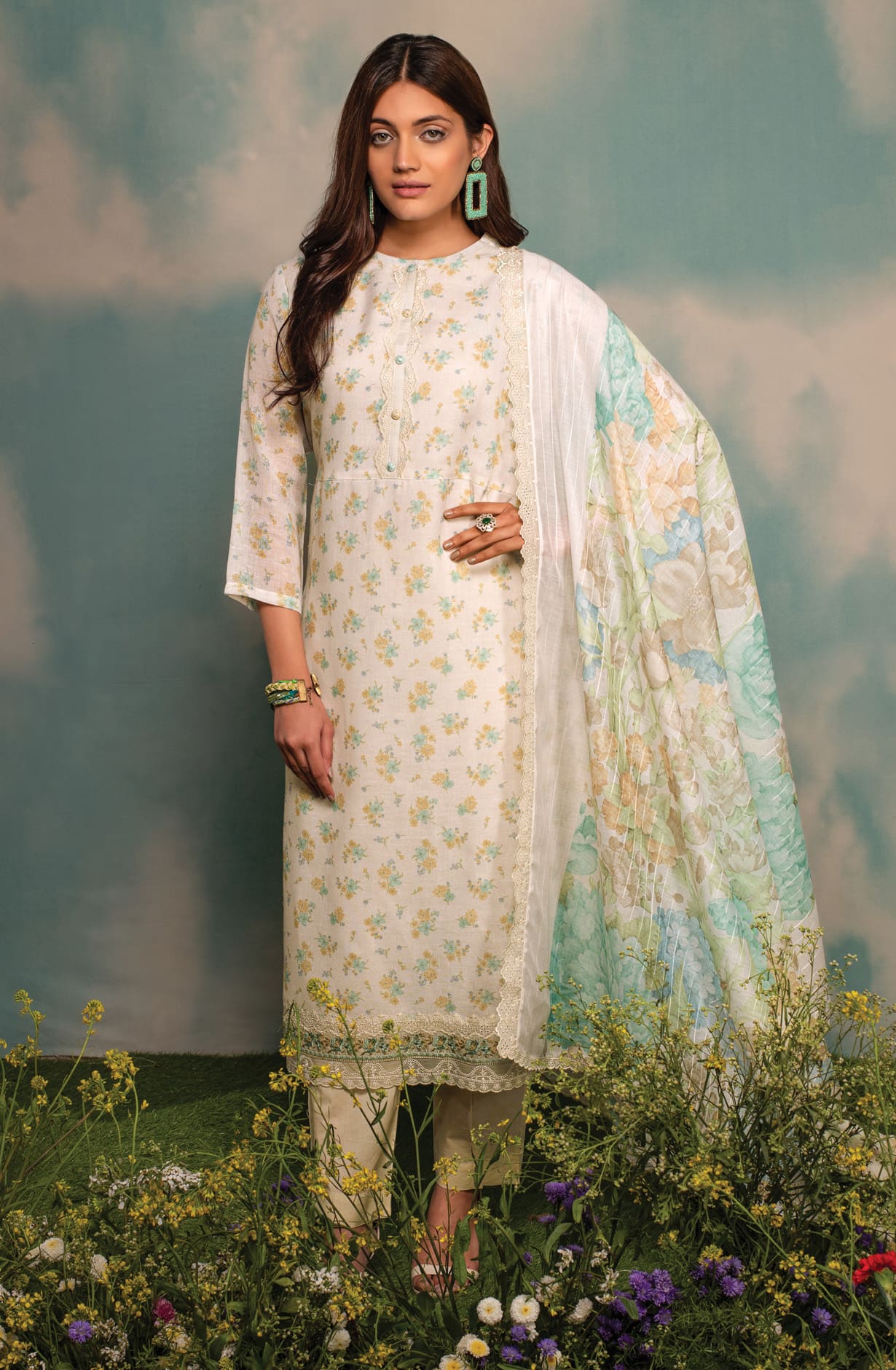 Off-White Linen Exclusive Digital Printed with Embroidered Salwar Suit- DAI1733