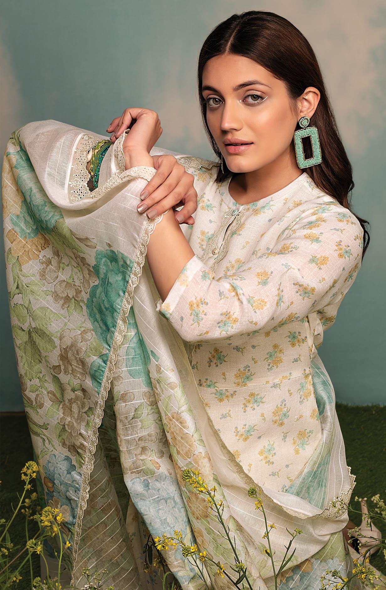 Off-White Linen Exclusive Digital Printed with Embroidered Salwar Suit- DAI1733