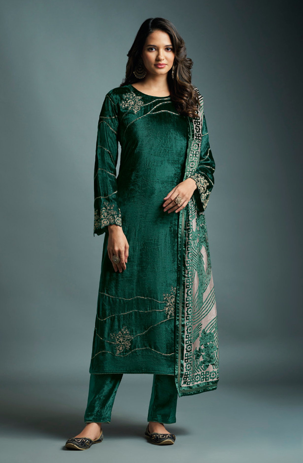 Bottle Green Designer Pure Velvet Embroidered Salwar Kameez with Dupatta - DAI3251B