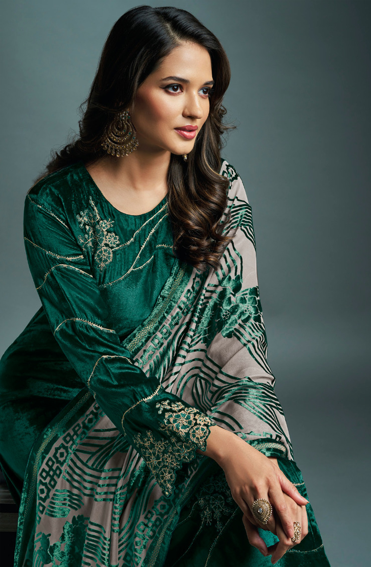 Bottle Green Designer Pure Velvet Embroidered Salwar Kameez with Dupatta - DAI3251B