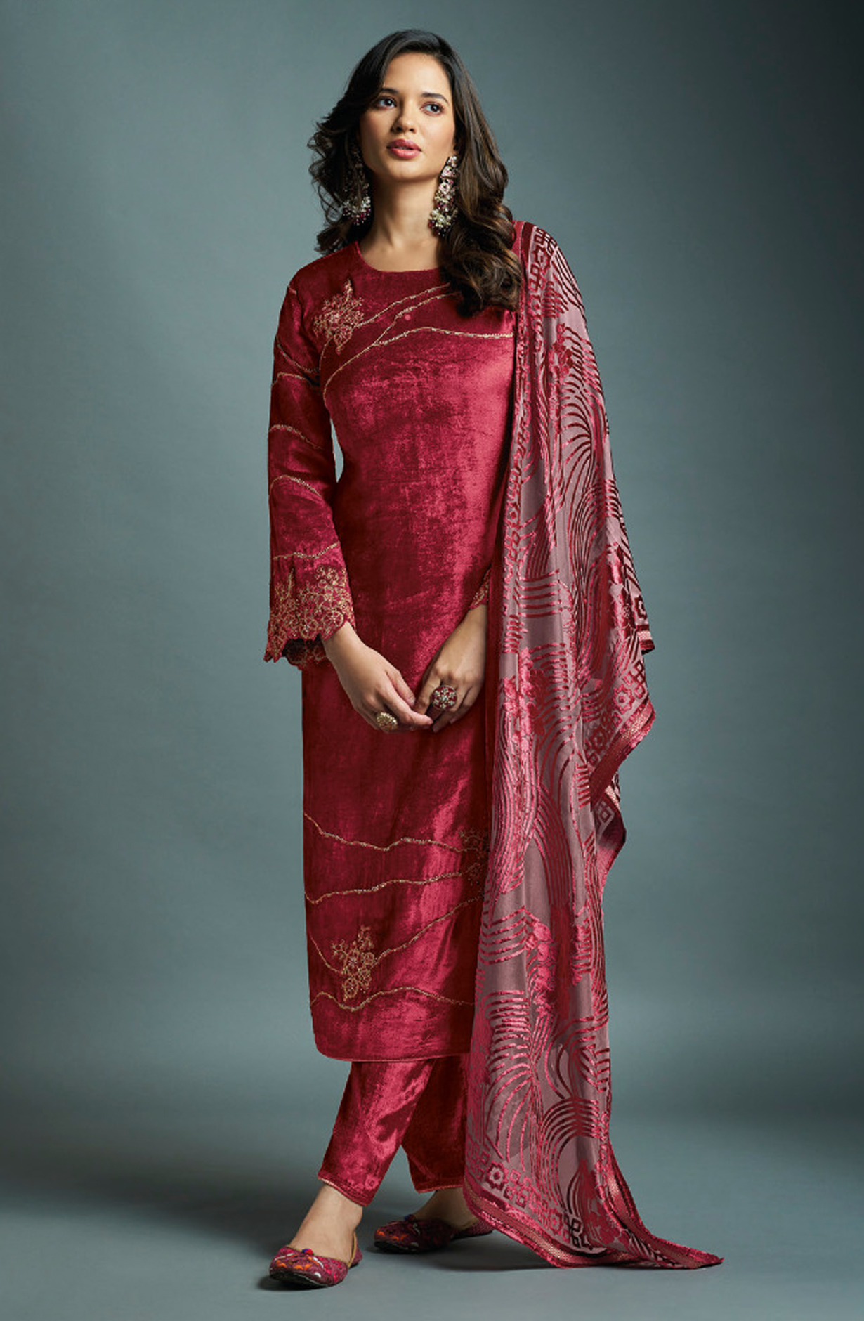 Rose Red Designer Pure Velvet Embroidered Salwar Kameez with Dupatta - DAI3251C