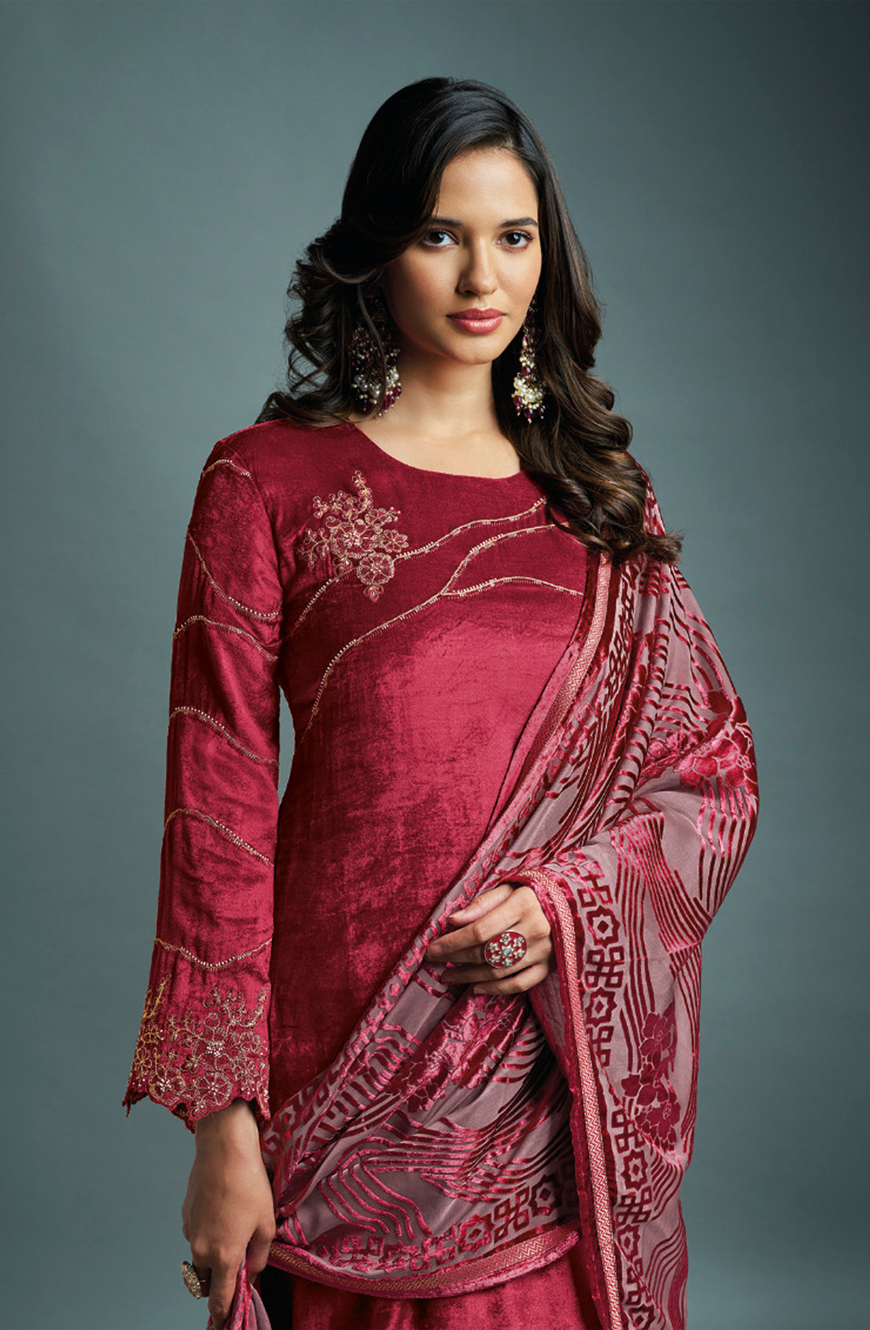 Rose Red Designer Pure Velvet Embroidered Salwar Kameez with Dupatta - DAI3251C
