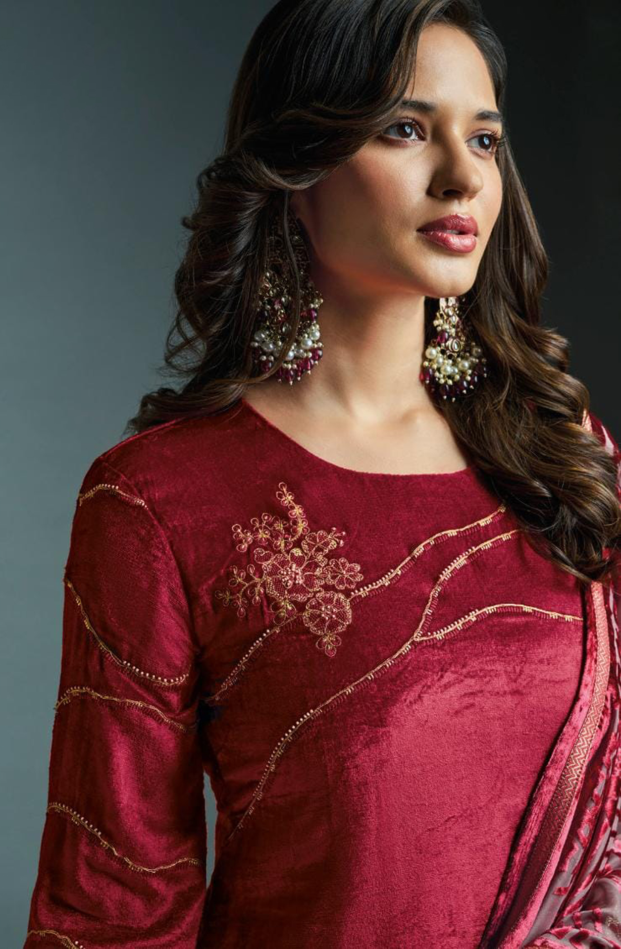 Rose Red Designer Pure Velvet Embroidered Salwar Kameez with Dupatta - DAI3251C