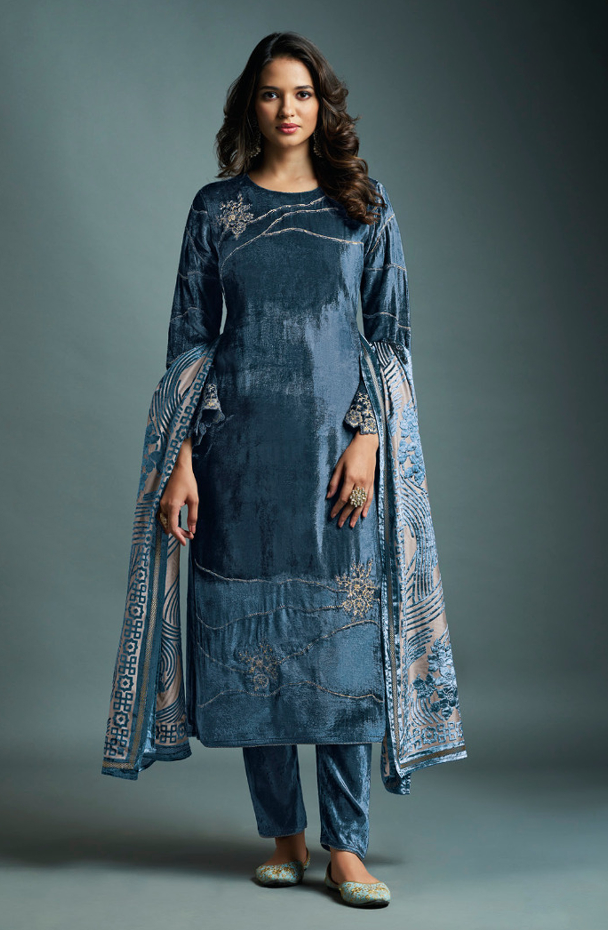 Teal Designer Pure Velvet Embroidered Salwar Kameez with Dupatta - DAI3251D