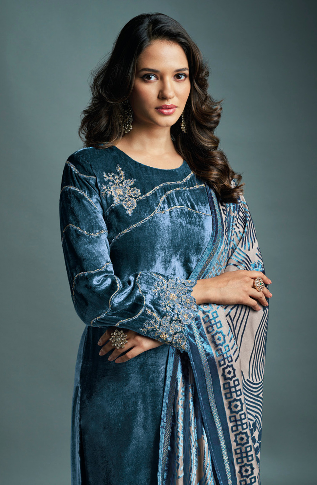 Teal Designer Pure Velvet Embroidered Salwar Kameez with Dupatta - DAI3251D