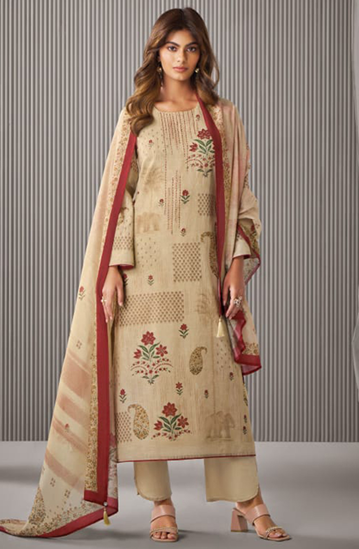 Beige Printed Linen Suit set with Muslin Dupatta - DAK7081A