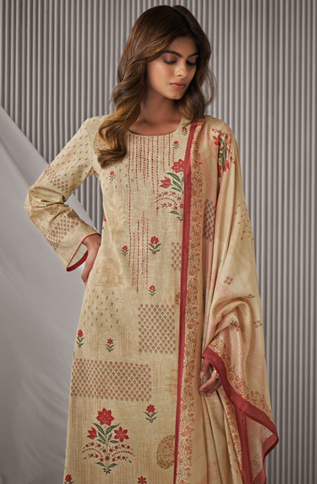 Beige Printed Linen Suit set with Muslin Dupatta - DAK7081A
