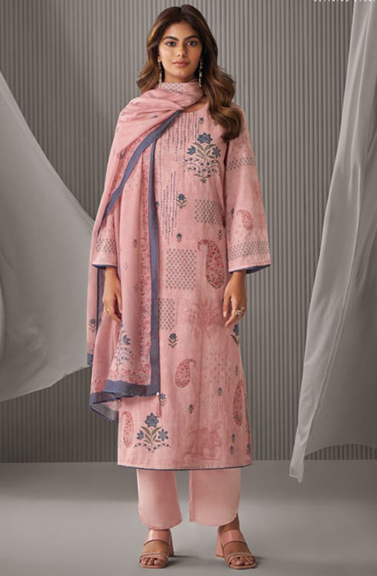 Pink Printed Linen Suit set with Muslin Dupatta - DAK7081B