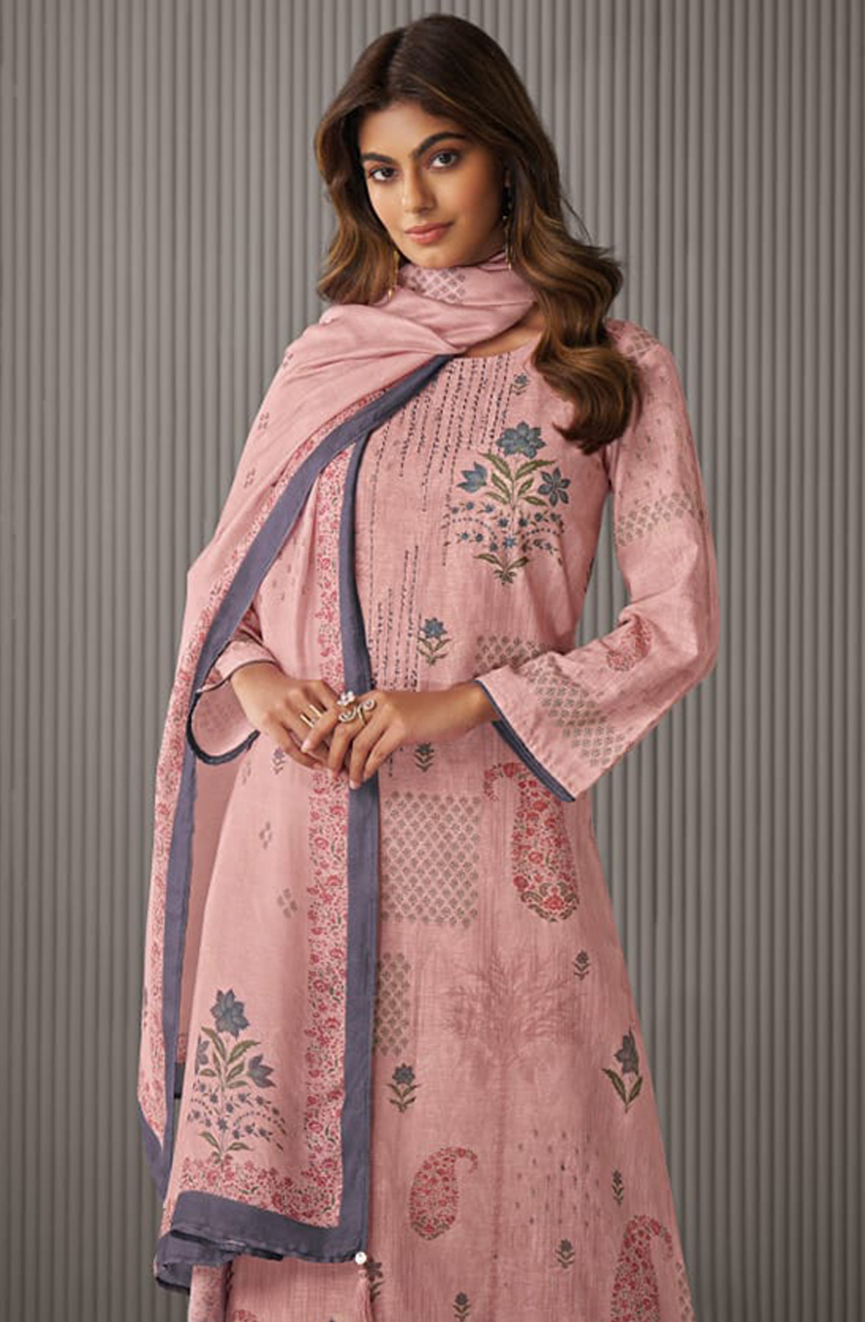 Pink Printed Linen Suit set with Muslin Dupatta - DAK7081B