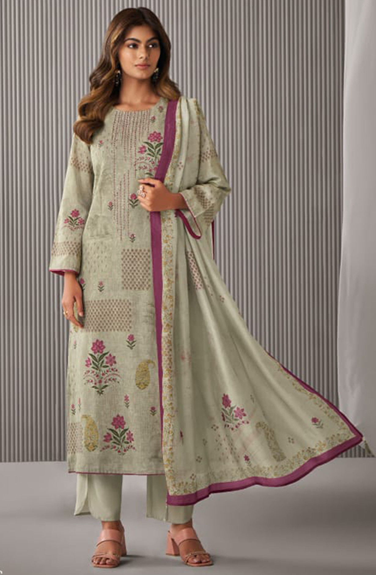 Sea Green Printed Linen Suit set with Muslin Dupatta - DAK7081C