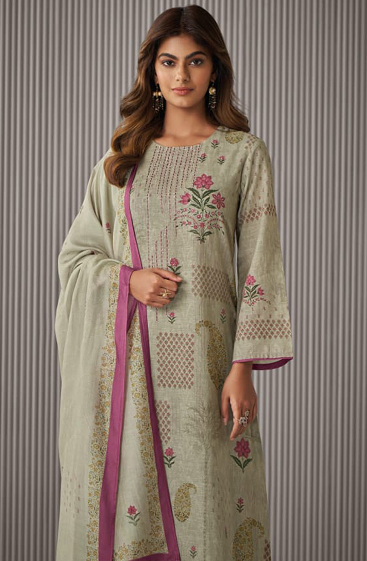 Sea Green Printed Linen Suit set with Muslin Dupatta - DAK7081C