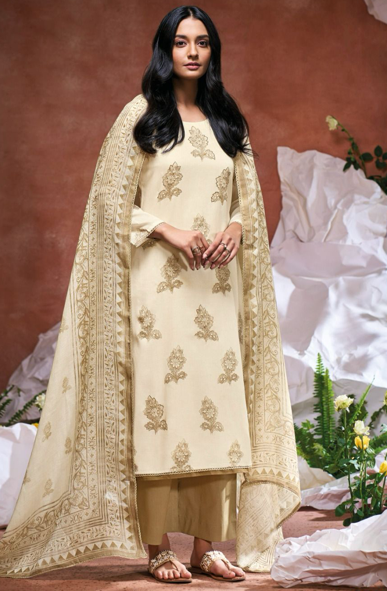 Brown Printed Cotton Hand Embroidered Suit with Dupatta - DAMS3490A