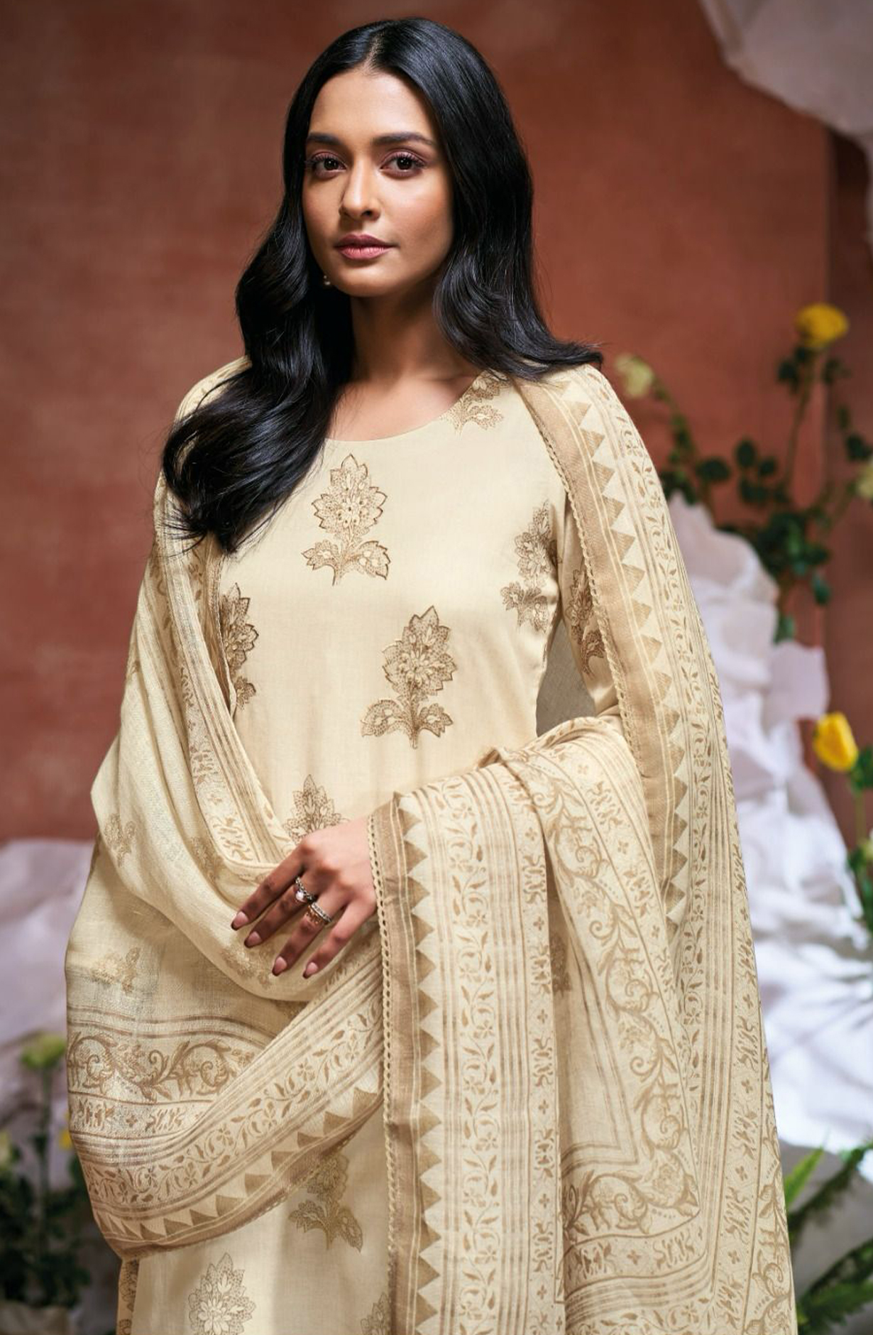 Brown Printed Cotton Hand Embroidered Suit with Dupatta - DAMS3490A