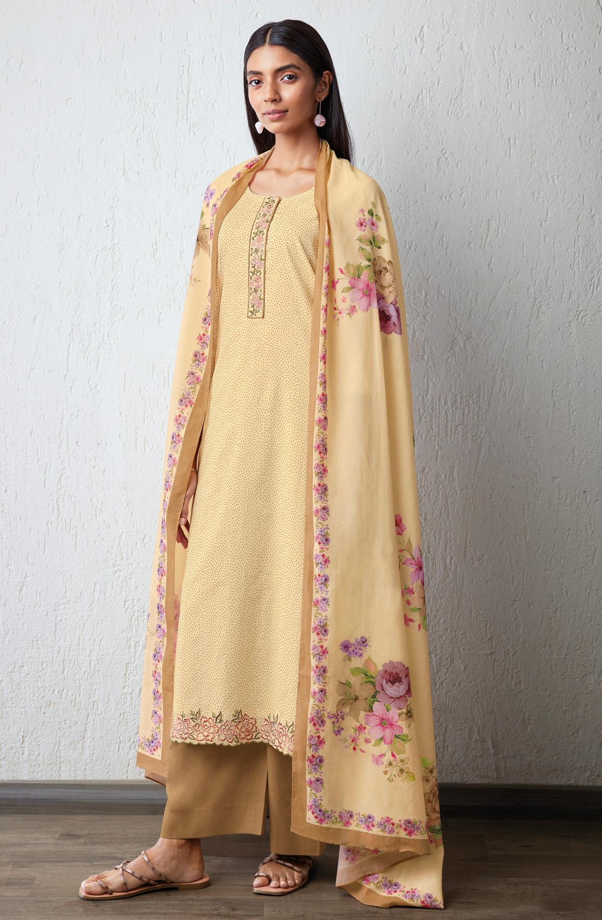 Beige Cotton Printed with Embroidery Salwar Suit - DAMS1608A