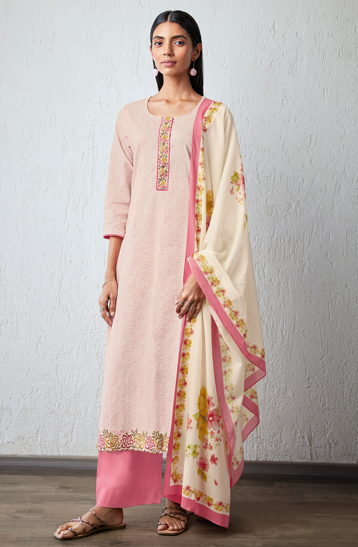 Cream and Pink Cotton Printed with Embroidery Salwar Suit - DAMS1608B