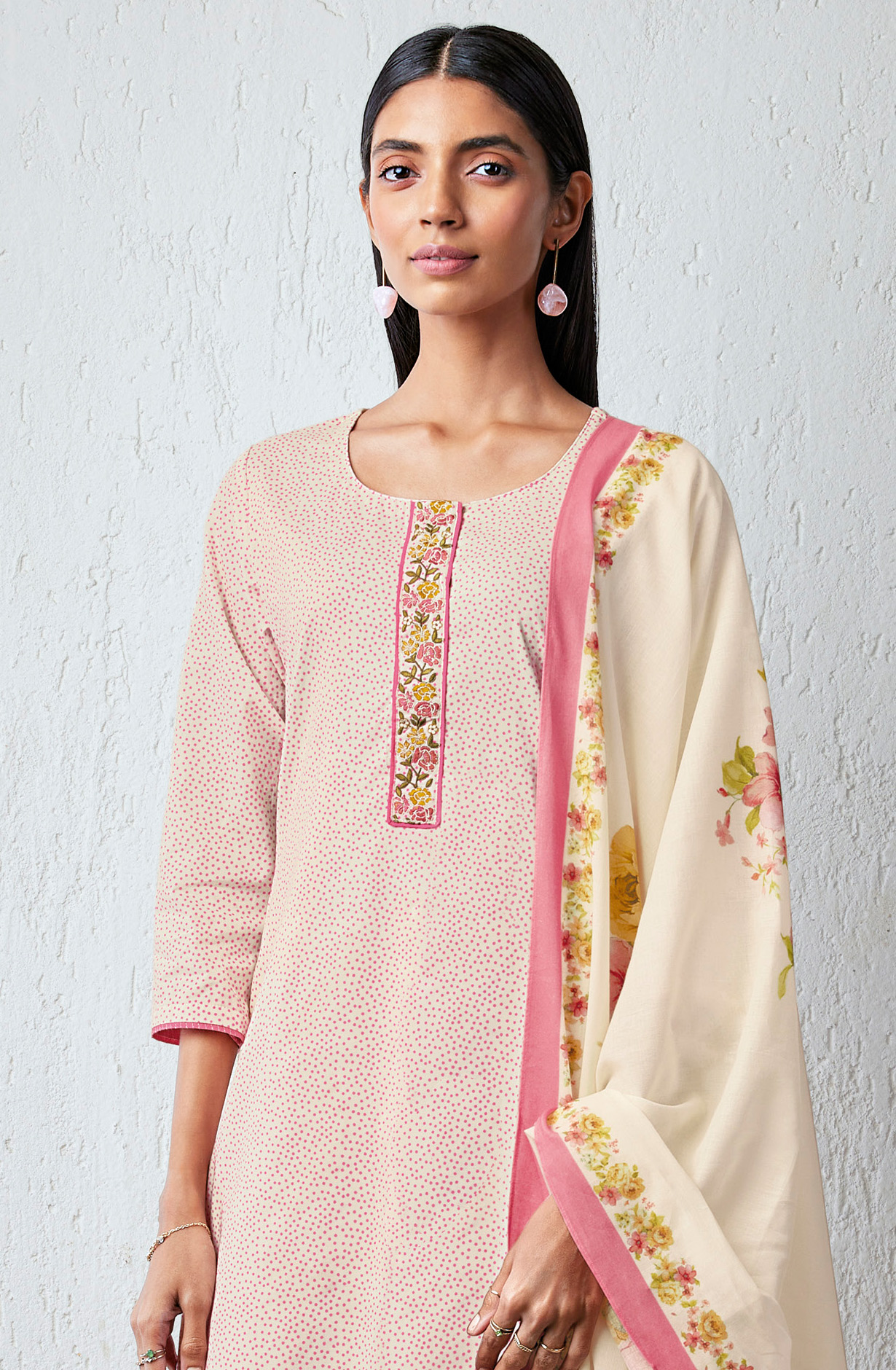 Cream and Pink Cotton Printed with Embroidery Salwar Suit - DAMS1608B