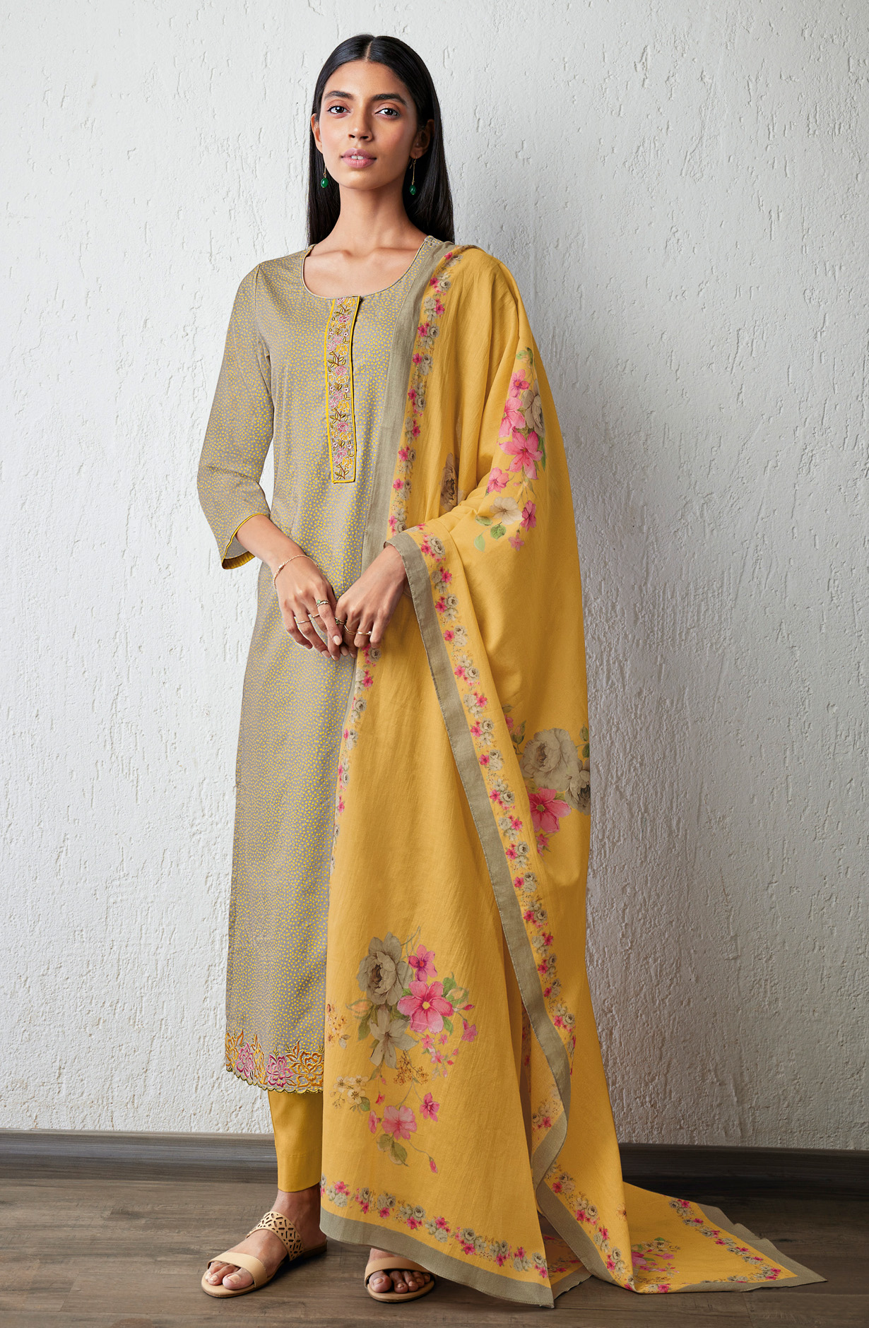 Mustard and Green Cotton Printed with Embroidery Salwar Suit - DAMS1608C