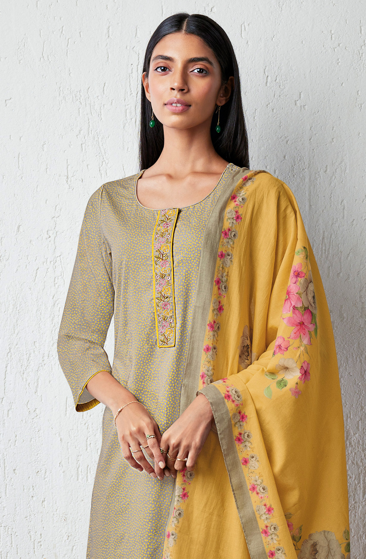 Mustard and Green Cotton Printed with Embroidery Salwar Suit - DAMS1608C