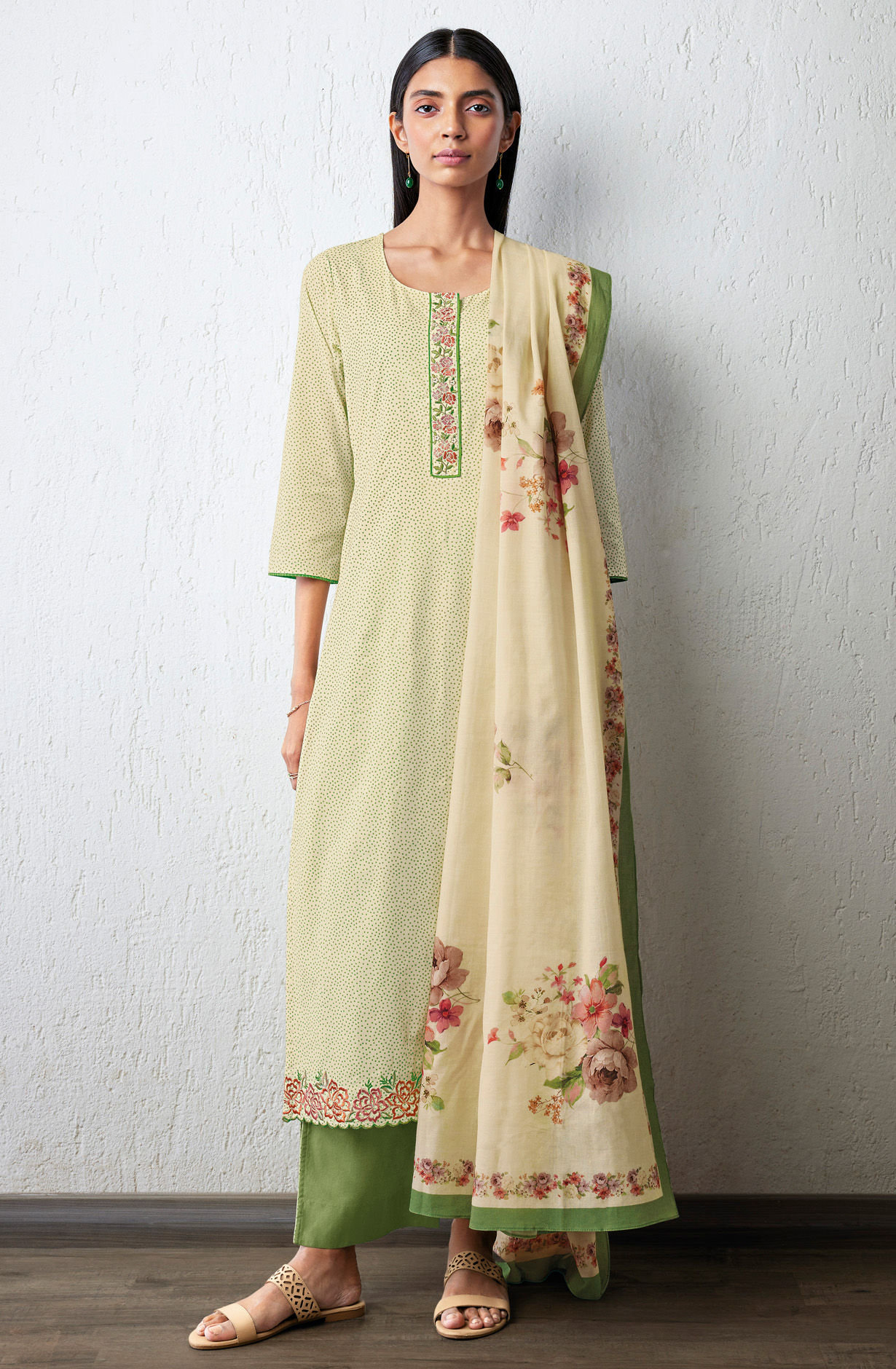 Cream and Green Cotton Printed with Embroidery Salwar Suit - DAMS1608D