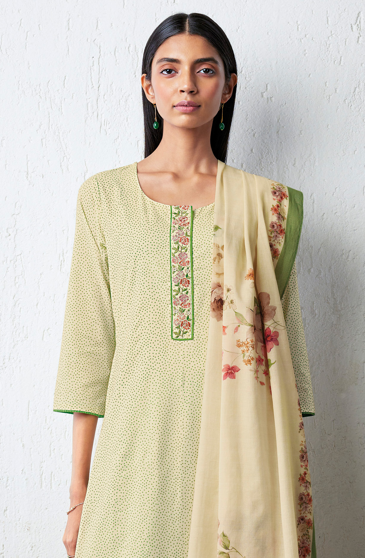 Cream and Green Cotton Printed with Embroidery Salwar Suit - DAMS1608D
