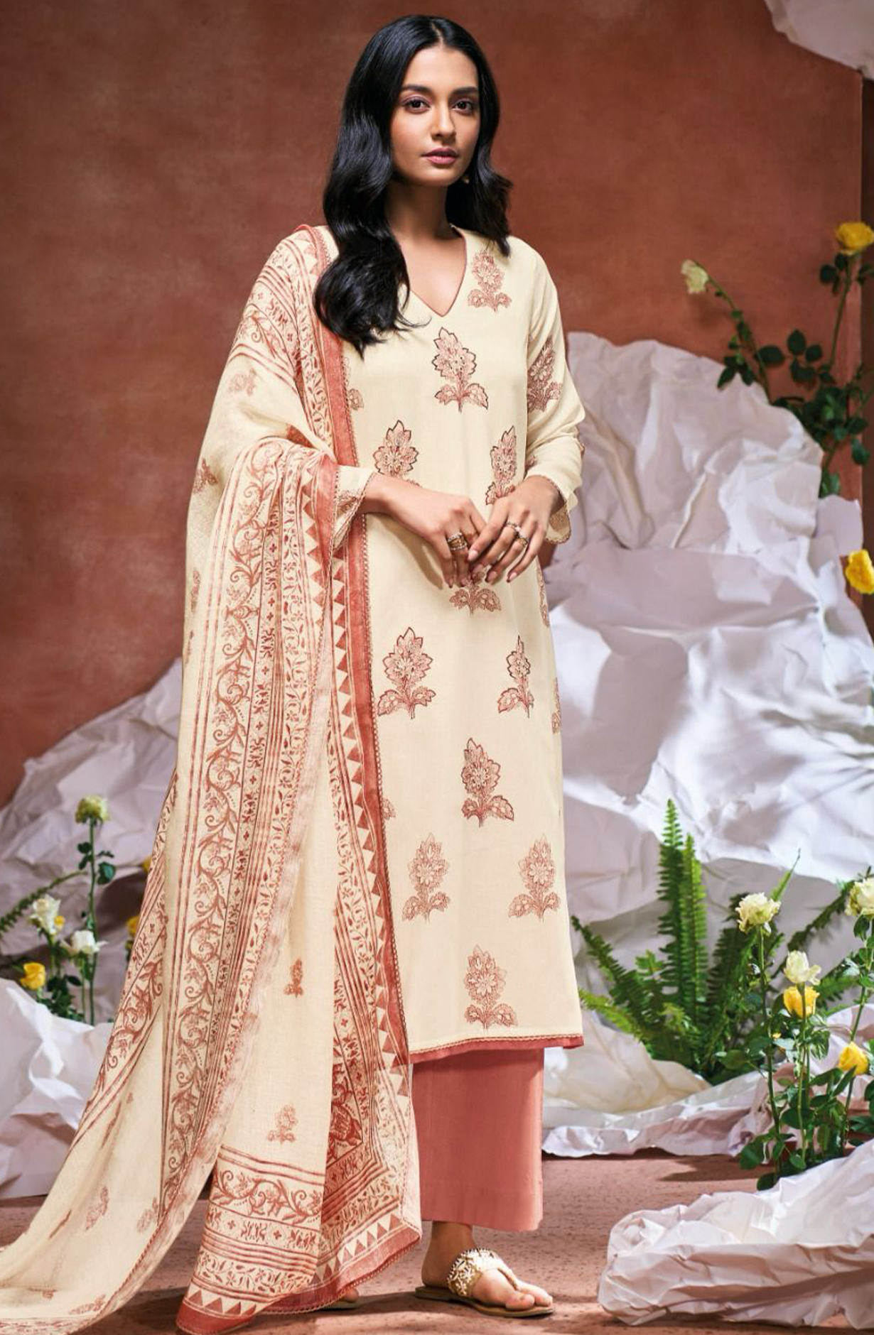 Red Printed Cotton Hand Embroidered Suit with Dupatta - DAMS3490B