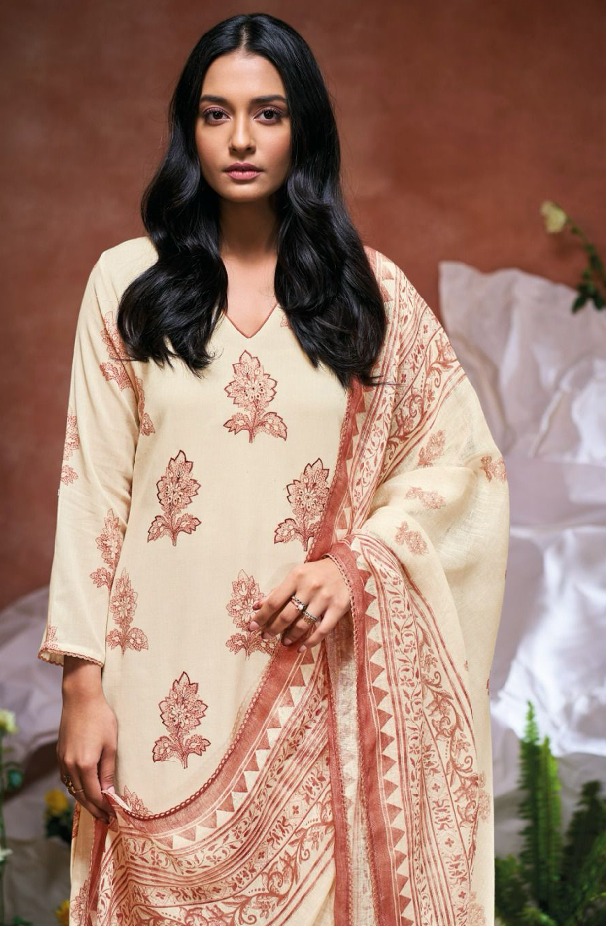 Red Printed Cotton Hand Embroidered Suit with Dupatta - DAMS3490B