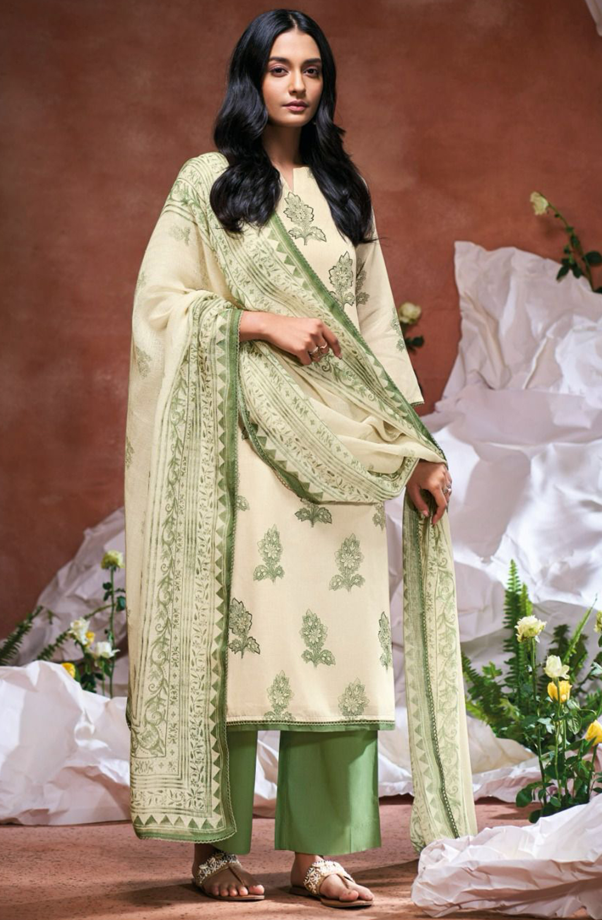 Green Printed Cotton Hand Embroidered Suit with Dupatta - DAMS3490C