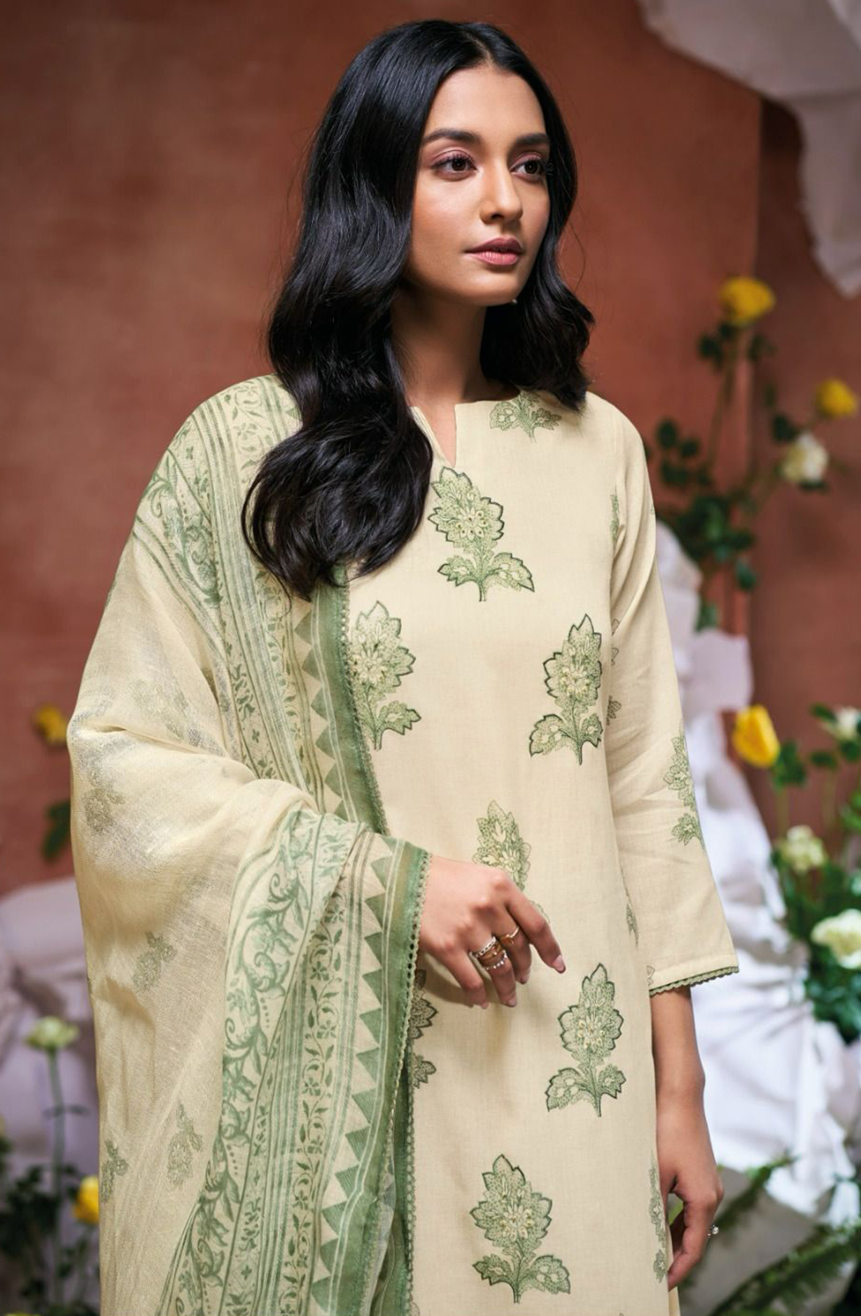 Green Printed Cotton Hand Embroidered Suit with Dupatta - DAMS3490C