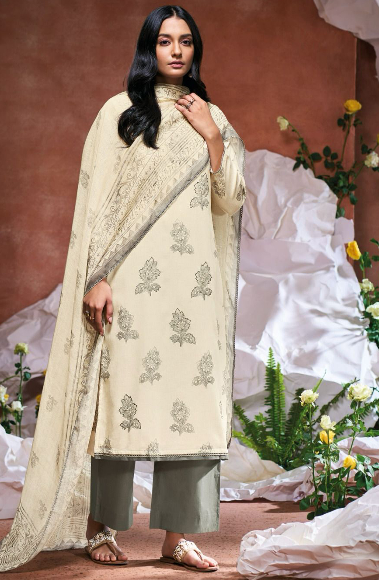 Grey Printed Cotton Hand Embroidered Suit with Dupatta - DAMS3490D
