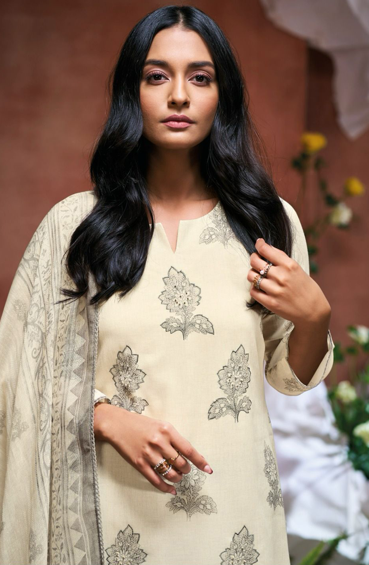 Grey Printed Cotton Hand Embroidered Suit with Dupatta - DAMS3490D