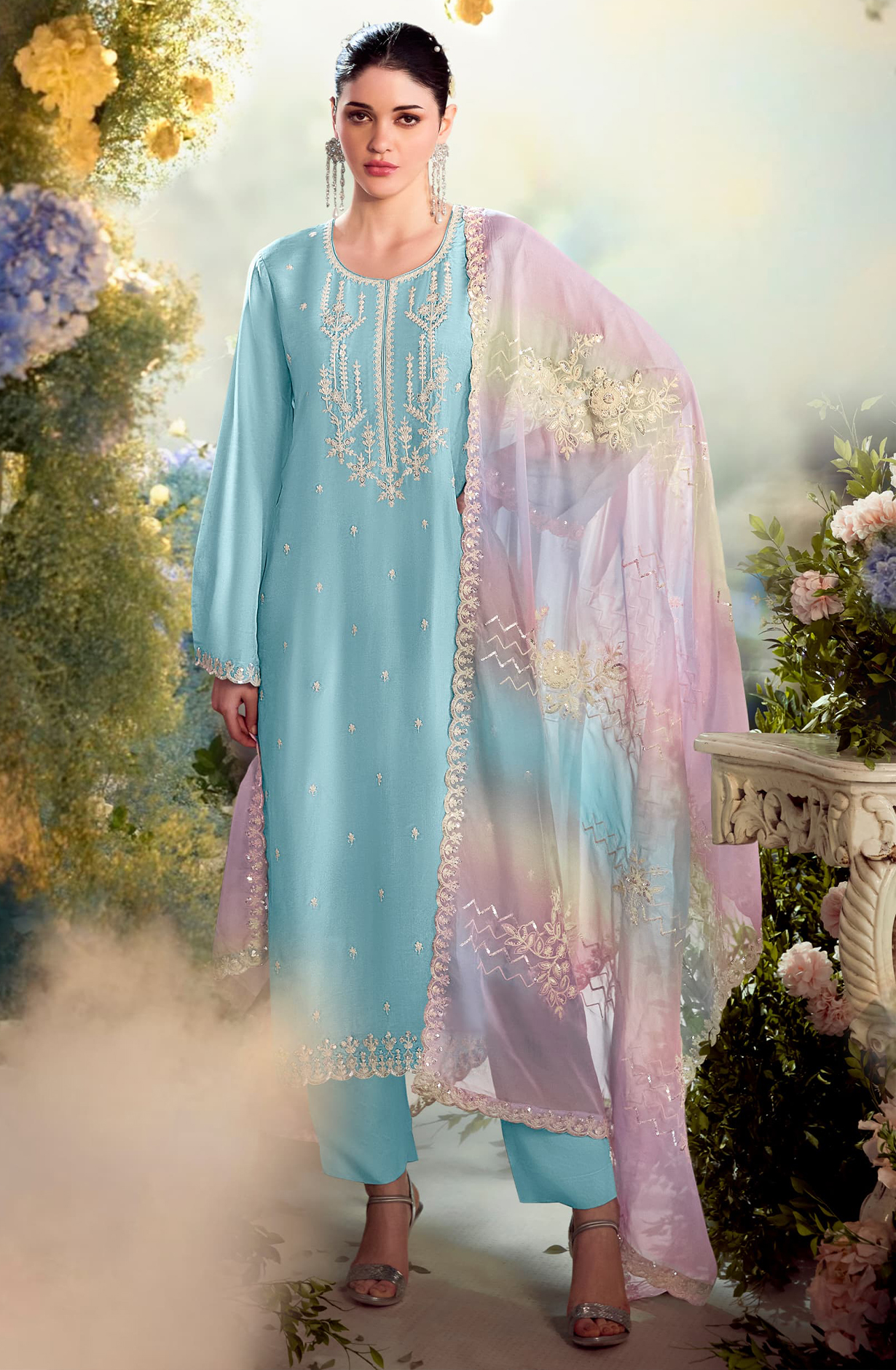 Modal Satin  Embroidered Suit-Set - DAS2203