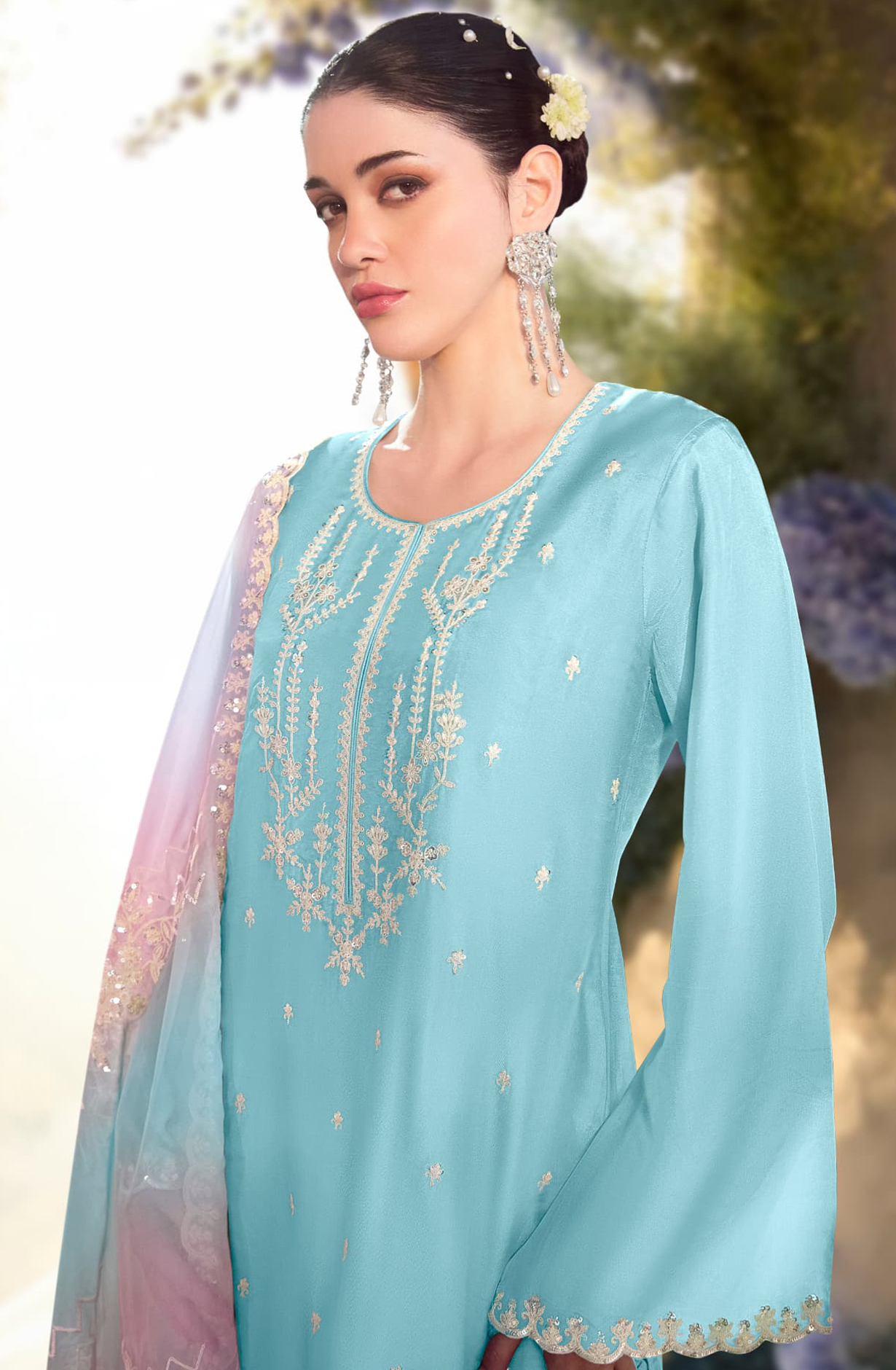 Modal Satin  Embroidered Suit-Set - DAS2203