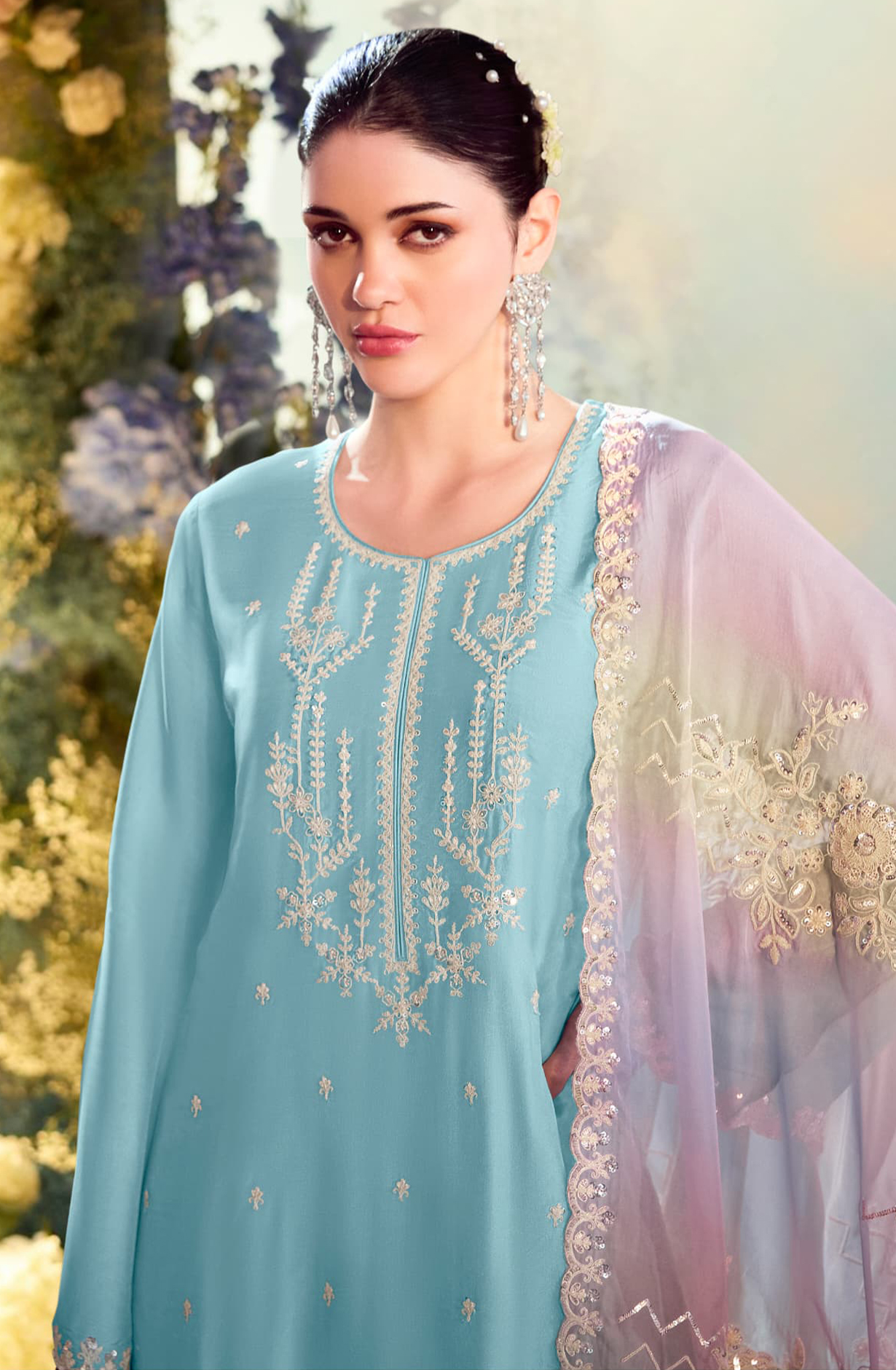 Modal Satin  Embroidered Suit-Set - DAS2203
