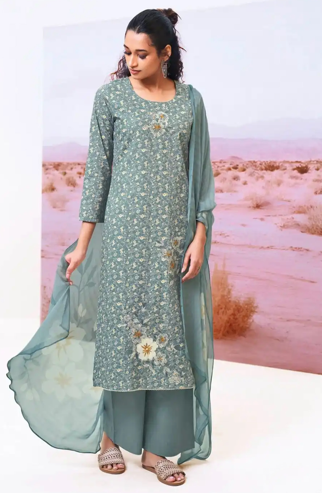 Green Cotton Printed Suit Set with Dupatta- DASS3455D