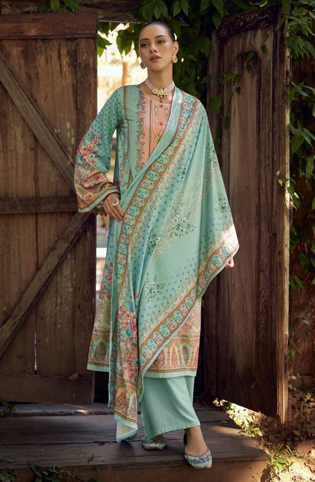 Sea Green Beautiful Velvet Unstitched Printed Salwar Kameez - DEE24001